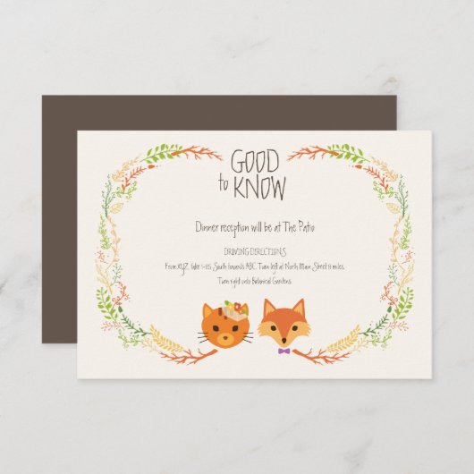 Whimsical Woodland Cat & Fox Wedding Informatiekaartje (Voorkant / Achterkant)
