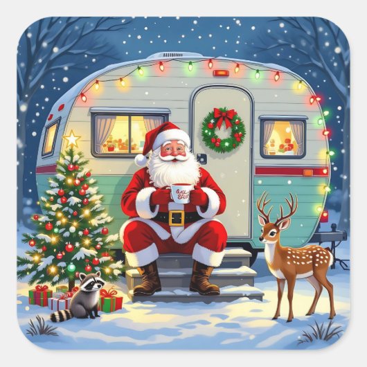 Whimsical Woodland Christmas and Retro RV Camper Vierkante Sticker (Voorkant)
