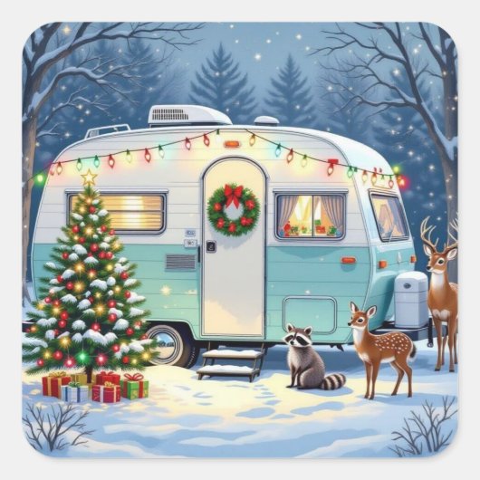 Whimsical Woodland Creatures and Retro RV Camper Vierkante Sticker (Voorkant)