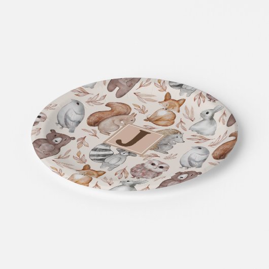 Whimsical Woodland Dieren Monogram Party Papieren Bordje (Gekanteld)