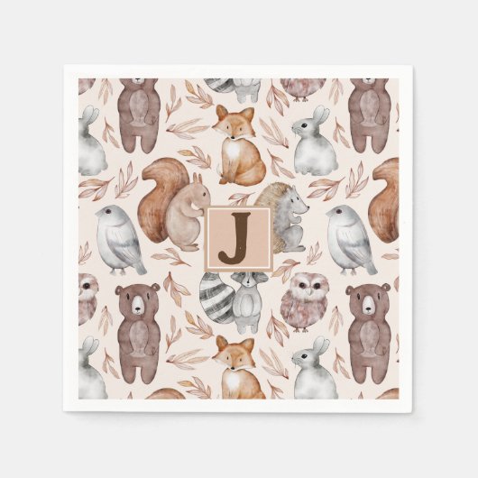Whimsical Woodland Dieren Monogram Party Servet (Voorkant)