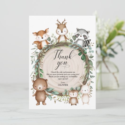 Whimsical Woodland Forest Animals Boy Birthday Bedankkaart (Staand voorkant)
