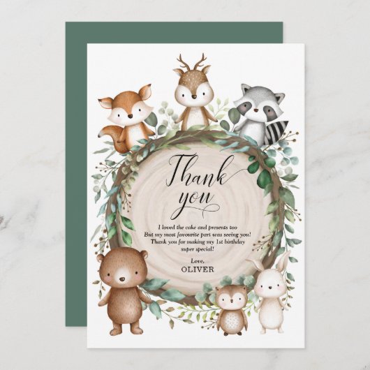 Whimsical Woodland Forest Animals Boy Birthday Bedankkaart (Voorkant / Achterkant)