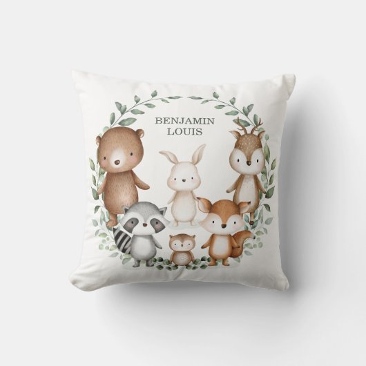 Whimsical Woodland Forest Animals Greenery Nursery Kussen (Voorkant)