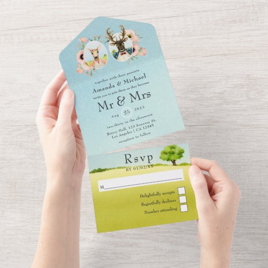 Whimsical Woodland Forest Deer Wedding All In One Uitnodiging (Afscheurbaar)