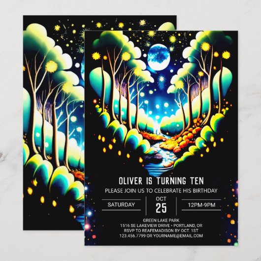 Whimsical Woodland Forest Fireflies Verjaardag Kaart (Voorkant / Achterkant)