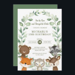 Whimsical Woodland Forest Vriend Groen Verjaardag Kaart<br><div class="desc">Schattige verjaardagsuitnodiging met een bosthema met lieve bosdieren en een botanische groene krans</div>