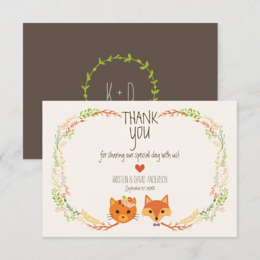 Whimsical Woodland Fox & Cat Wedding Bedankkaart (Voorkant / Achterkant)