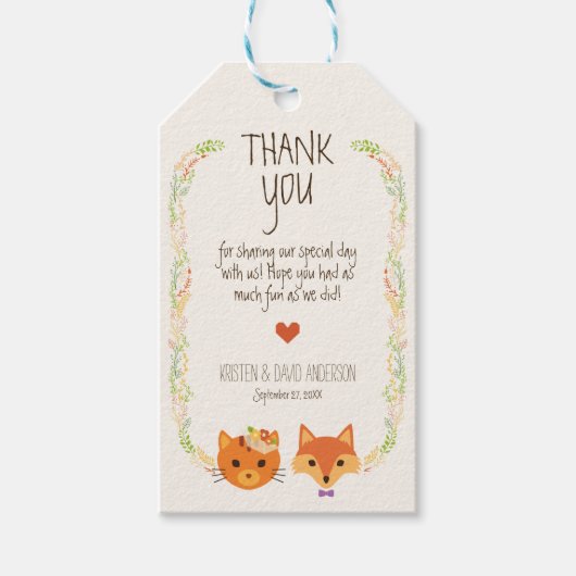 Whimsical Woodland Fox & Cat Wedding Cadeaulabel (Voorkant)