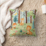 Whimsical Woodland Friends Kussen<br><div class="desc">🦊Add a touch of forest charm to your space with this Whimsical Woodland Friends Throw Pillow. Featuring a delightful scene of playful foxes and a curious cat nestled among stylized trees, flowers, and greenery, this pillow brings nature’s magic indoors. The soft blue sky and vibrant forest elements create a cozy,...</div>