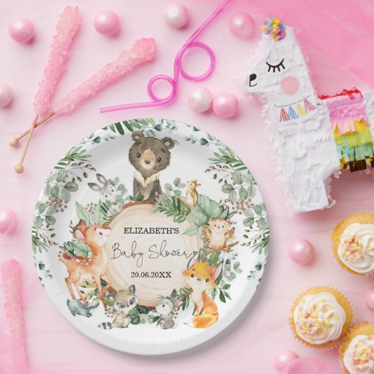 Whimsical Woodland Green Animals Baby shower Papieren Bordje (Feest)