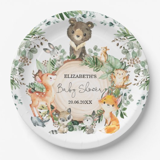 Whimsical Woodland Green Animals Baby shower Papieren Bordje (Voorkant)