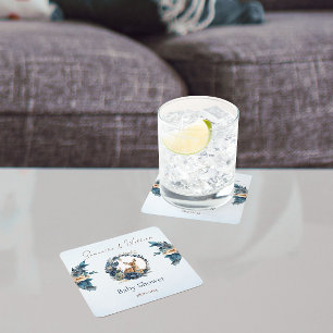 Whimsical Woodland Herten Blauwe Bloemen Bladeren  Kartonnen Onderzetters