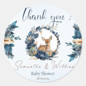 Whimsical Woodland Herten Blauwe Bloemen Bladeren  Ronde Sticker (Voorkant)