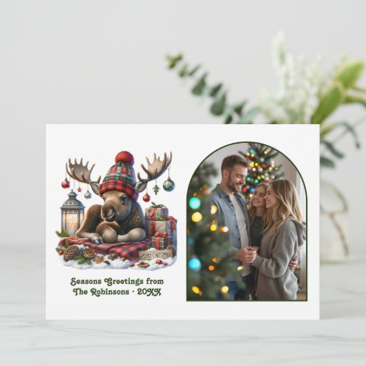 Whimsical Woodland Moose Rustic Nordic Christmas Feestdagenkaart (Staand voorkant)
