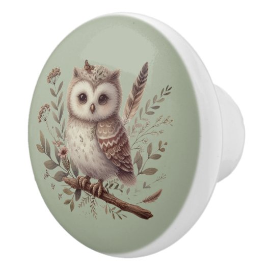 Whimsical Woodland Owl Botanical Illustration Keramische Knop (Rechts)