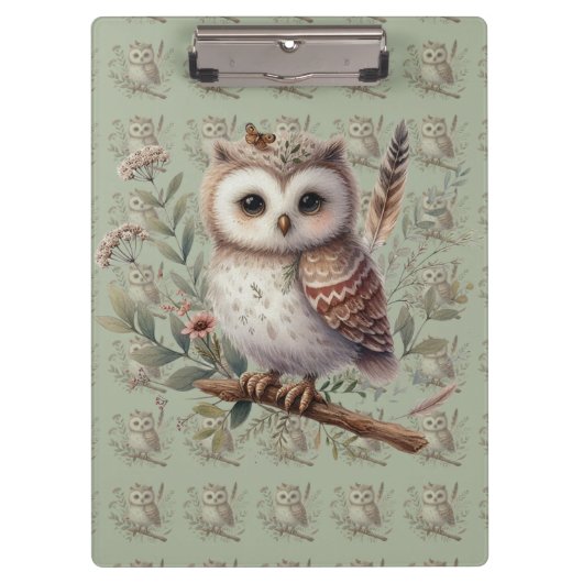 Whimsical Woodland Owl Botanical Illustration Klembord (Voorkant)