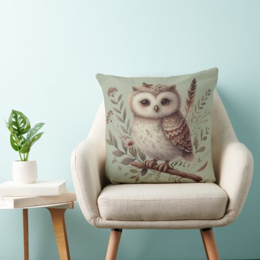 Whimsical Woodland Owl Botanical Illustration Kussen (Stoel)