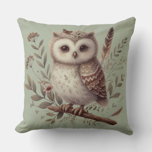 Whimsical Woodland Owl Botanical Illustration Kussen (Voorkant)
