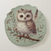 Whimsical Woodland Owl Botanical Illustration Rond Kussen (Achterkant)