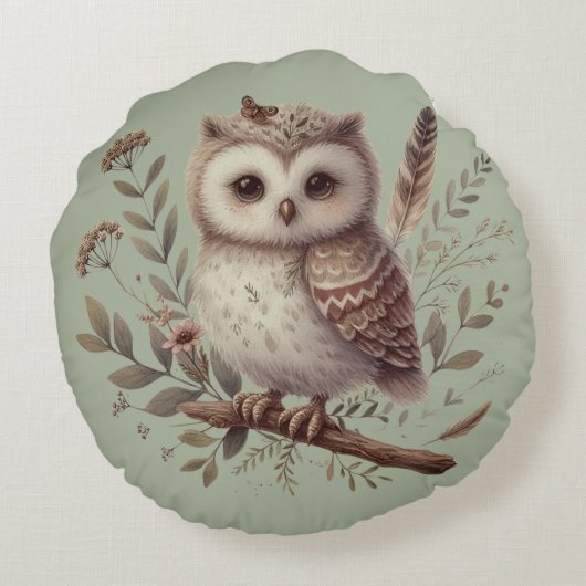 Whimsical Woodland Owl Botanical Illustration Rond Kussen (Achterkant)