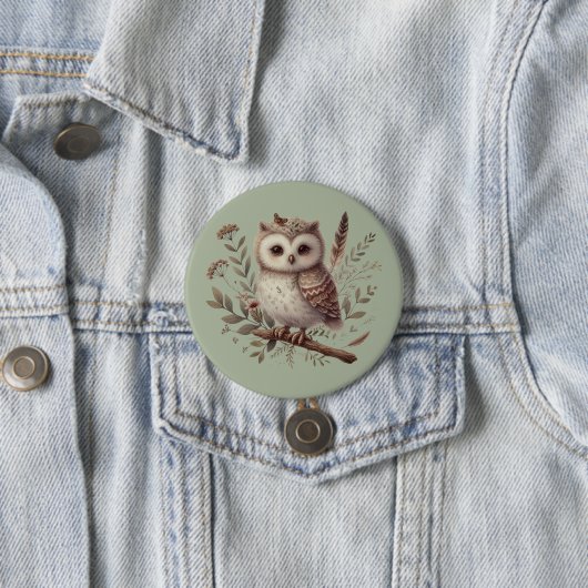 Whimsical Woodland Owl Botanical Illustration Ronde Button 7,6 Cm (In situ)