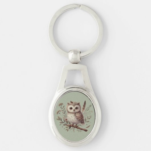 Whimsical Woodland Owl Botanical Illustration Sleutelhanger (Voorkant)