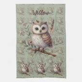 Whimsical Woodland Owl Botanical Illustration Theedoek (Verticaal)