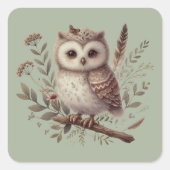 Whimsical Woodland Owl Botanical Illustration Vierkante Sticker (Voorkant)