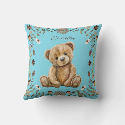 Whimsical Woodland Teddy Bear Blue Nursery Kussen (Achterkant)