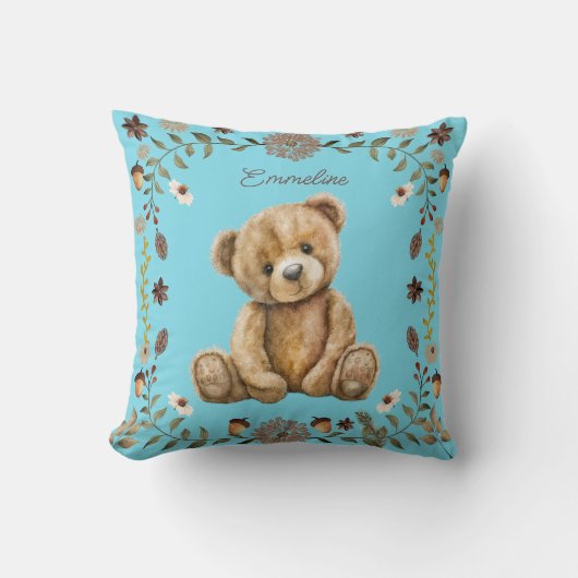 Whimsical Woodland Teddy Bear Blue Nursery Kussen (Voorkant)