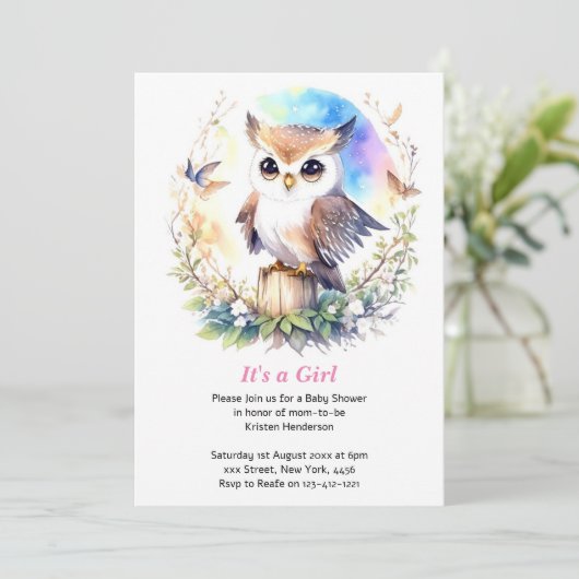 Whimsical Woodland Uil Baby Meisje Douche Kaart (Staand voorkant)