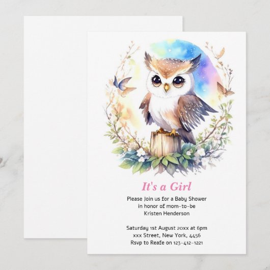 Whimsical Woodland Uil Baby Meisje Douche Kaart (Voorkant / Achterkant)