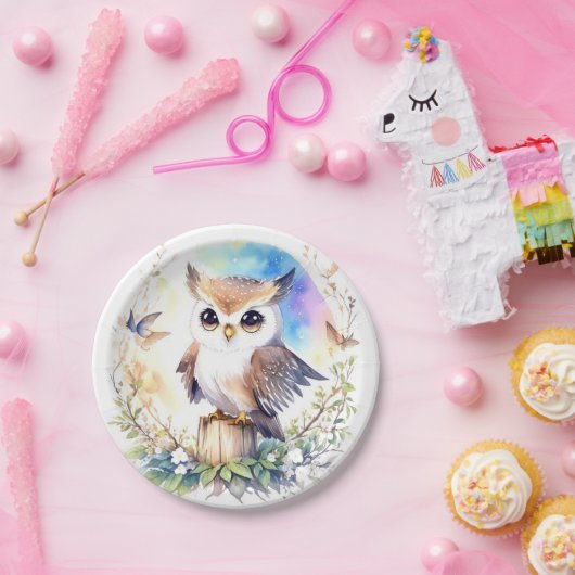 Whimsical Woodland Uil Baby Meisje Douche Papieren Bordje (Feest)
