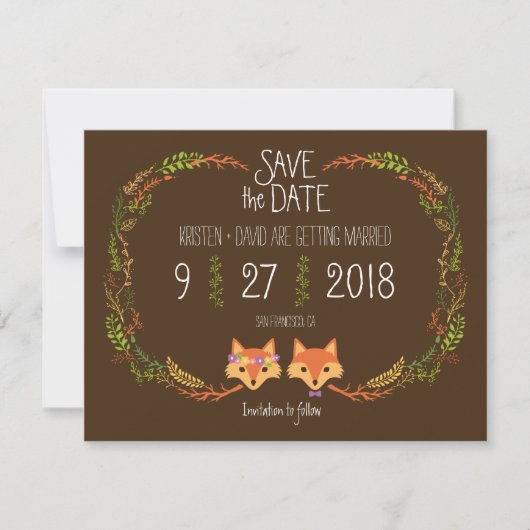 Whimsical Woodland Vossen bruiloft Save the Date (Voorkant)