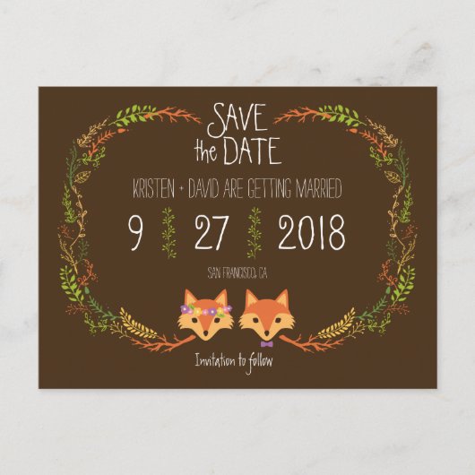 Whimsical Woodland Vossen bruiloft Save the Date Aankondigingskaart (Voorkant)