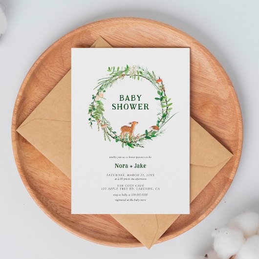 Whimsical Woodland Wreath Baby shower Invitation Kaart