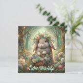 Whimsical Woodlands Bunny Flower Basket Pasen Feestdagenkaart (Staand voorkant)