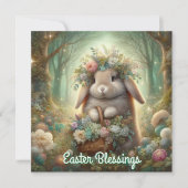 Whimsical Woodlands Bunny Flower Basket Pasen Feestdagenkaart (Voorkant)