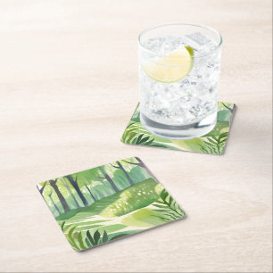 Whimsical Woods   Bos Waterverf Landschap Kartonnen Onderzetters