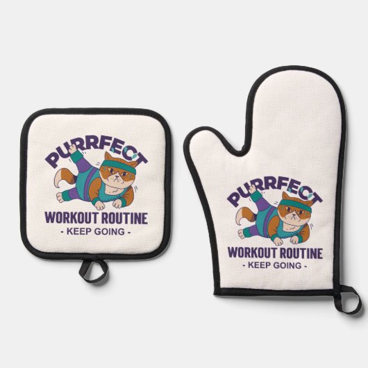 Whimsical Workout Cat Ovenwant & Pannenlap Set (Voorkant)