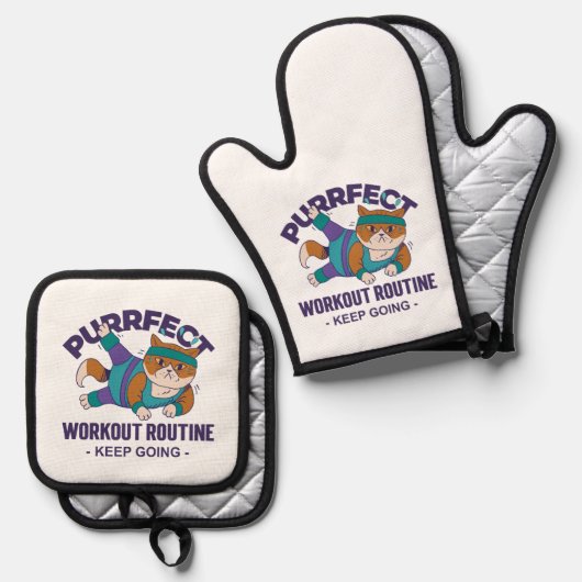 Whimsical Workout Cat Ovenwant & Pannenlap Set (Voorkant / Achterkant)