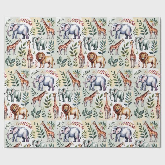 Whimsical wrapping paper featuring elephants, lion cadeaupapier (Vlak)