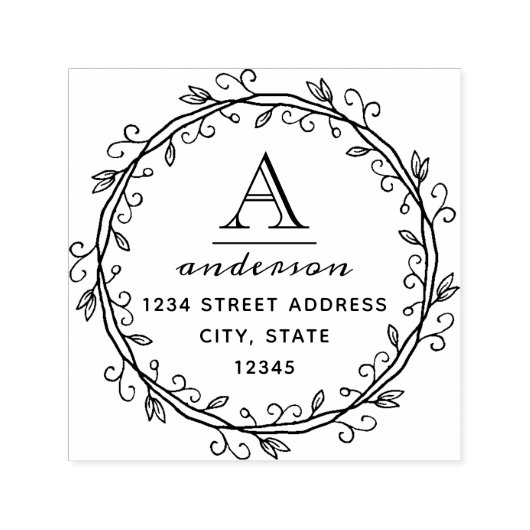 Whimsical Wreath Custom Monogram Retouradres Zelfinktende Stempel (Design)