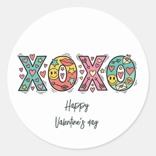 Whimsical "XOXO"Hearts Happy Valentine's Day  Ronde Sticker (Voorkant)