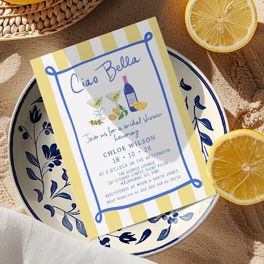 Whimsical Yellow Blue Ciao Bella Vrijgezellenfeest Kaart