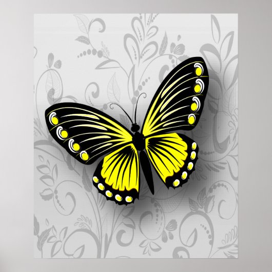 Whimsical Yellow Butterfly op Grey Floral Poster (Voorkant)