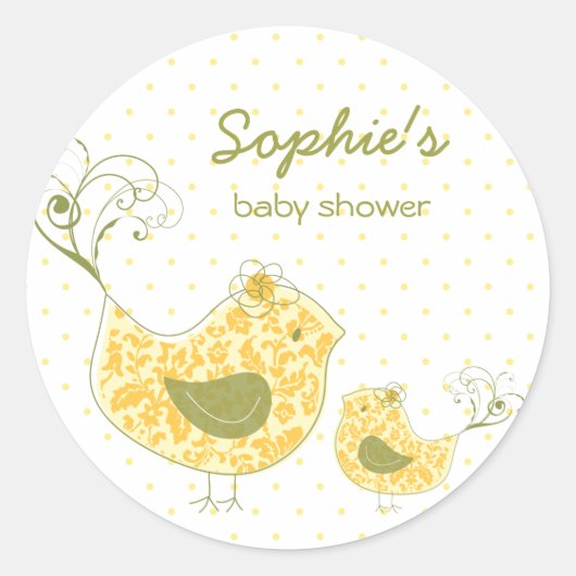 Whimsical Yellow Damask Mama Vogel & Baby shower Ronde Sticker (Voorkant)