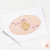 Whimsical Yellow Easter Chick on Peach Easter Eggs Ovale Sticker (Envelop)
