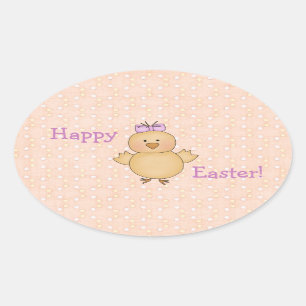 Whimsical Yellow Easter Chick on Peach Easter Eggs Ovale Sticker